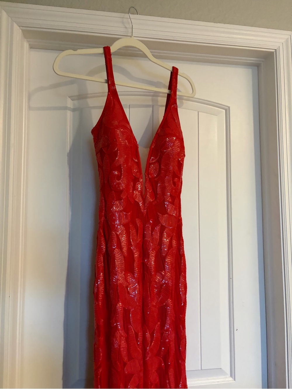 Jovani Red Sequin Plunge V-Neck Evening Gown - Picture 6 of 14